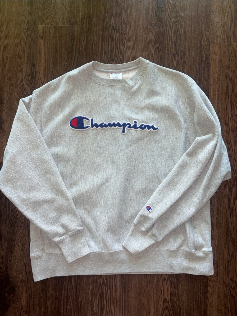 Champion Light Gray Crewneck Sweatshirt with Blue & Red Logo